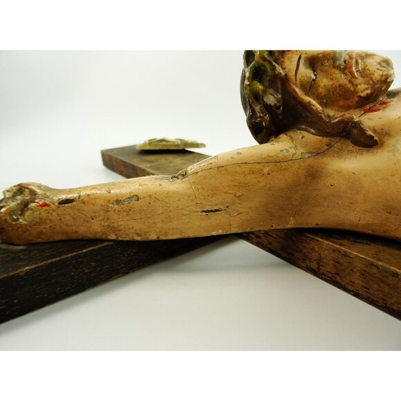 LARGE Wall Crucifix Vintage HEAVY Wear and Damage to Jesus Corpus Needs TLC - Picture 11 of 16